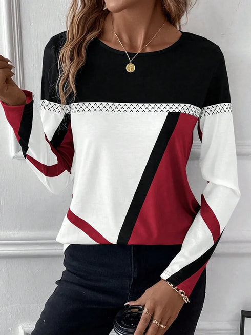 Casual Women's Geometric Print Long Sleeve T-Shirt Loose Fit O-Neck Tee