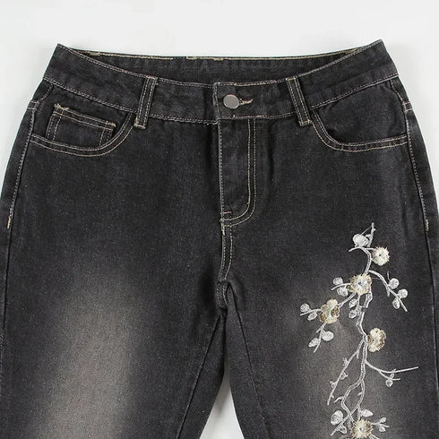 Floral Embroidery Vintage Low Rise Flared Jeans Women