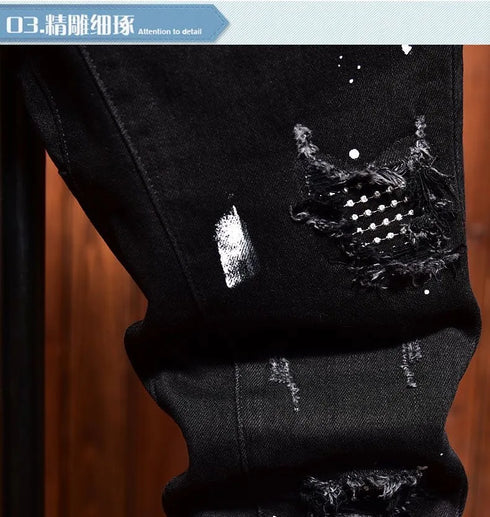 Retro Ripped Black Stretch Jeans Men's Casual Comfort Pants