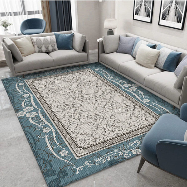Classical Elegant Blue Rug for Retro Living Room and Bedroom Carpet Decoration