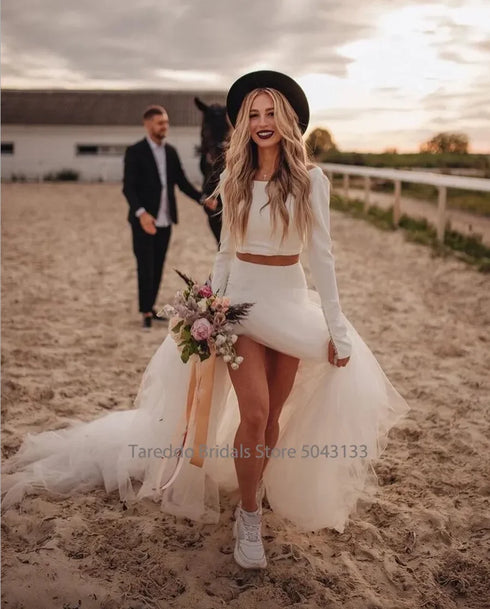 Customized Two-Piece Bohemian Jersey Wedding Dress Casual Bridal Dress