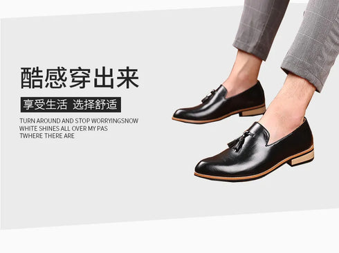 Elegant Pointed Toe Leather Oxfords for Men - Formal Office, Wedding, and Party Dress Shoes Featuring Comfortable Slip-On Design and Durable Rubber Outsole