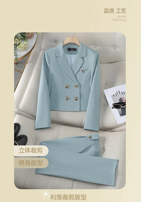 Chic Women's Office Suit Set: Long Sleeve Double Breasted Short Tops with Slim High Waisted Pencil Pants for Spring Fashion