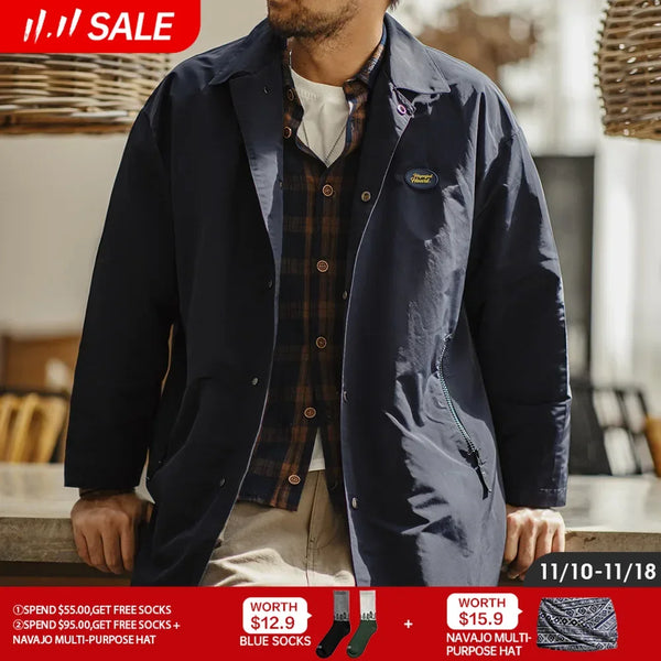 Men's Vintage Teflon Waterproof Windbreaker Coat - Classic Mid-Length Balmacaan Jacket with Turn-Down Collar for Autumn and Winter Fashion