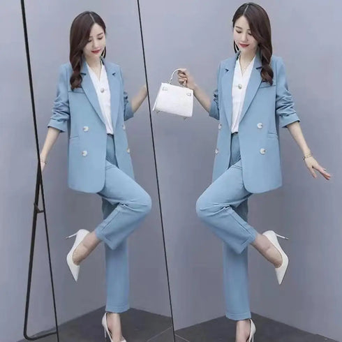 Elegant Women's Business Suit Set with Double-Breasted Coat and Ankle-Length Harem Pants for Formal Office Wear and Stylish Commutes