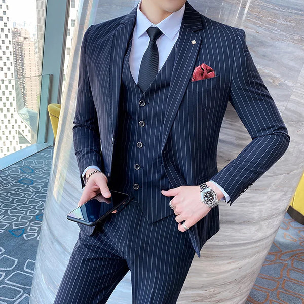 ( Jacket + Vest + Pants ) Prom Groom Tuxedos Male Wedding Suits 3Pcs Set Men's Striped Casual Business Suit