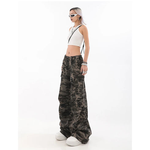 Casual Wide Leg Pants for Women - Y2K Hip-Hop Cargo Overalls with Camouflage Design, Perfect for Fall Outfits and Grunge Style Inspiration
