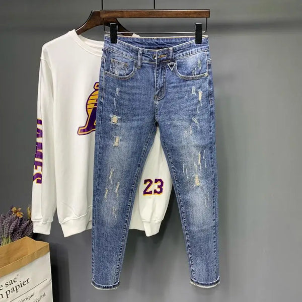 Fashion Stretch Men's Casual Denim Jeans Ripped Holes Pencil Pants