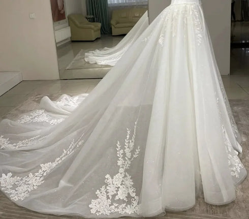 Detachable Lace Overskirt Beaded With Glitter Appliques For Wedding Dress Court Train