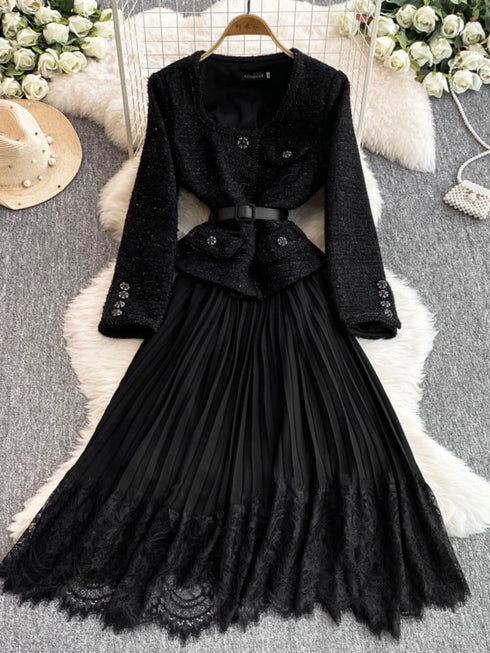 Hepburn Elegant Long Tweed Dresses Women Autumn Party Luxury Robe