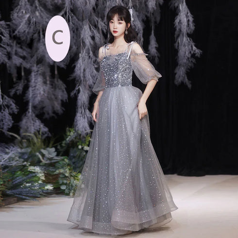 Off Shoulder Lace Illusion A Line Dress Floor Length Glitter Tulle Bow Bridesmaid Dress