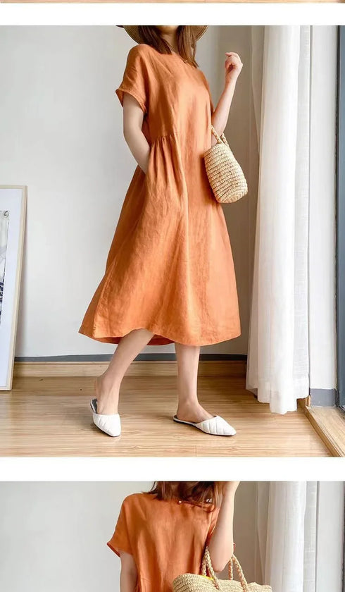 Loose Fit Slimming Cotton Linen Dress for Women Summer Plus Size Mid-Length Skirt