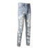 Men's Distressed Ripped Jeans with Leather Star Patchwork and Moustache Holes