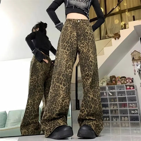 Vintage Women's Leopard Print High Waist Straight Leg Jeans for Trendy Y2K Hip Hop Style and Casual Fall Outfits