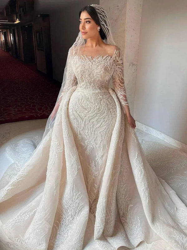 Beaded Long Sleeve Mermaid Dress Wedding Dress With Lace Sequins Floor Length Satin Gown