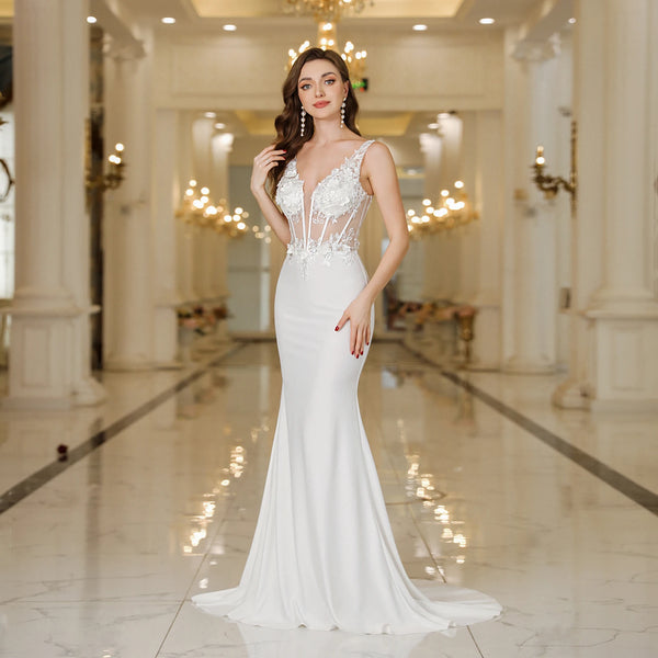 Elegant Mermaid Wedding Dress with Lace and Pearls Backless Design