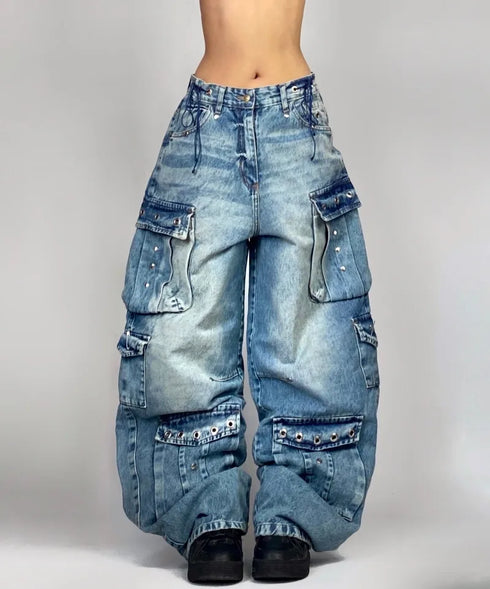 Baggy Jeans Streetwear Harajuku High Waist Multi Pocket Washed Denim Jeans For Men And Women