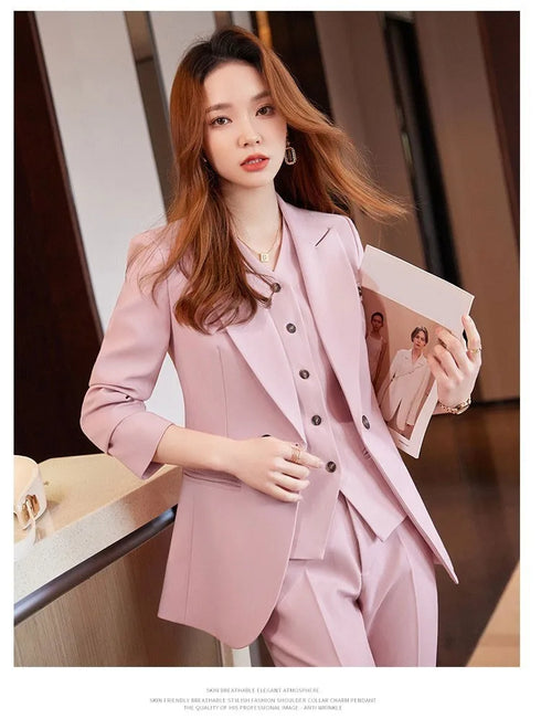 Chic Korean Fashion Women's 3-Piece Blazer Suit Set with Long Sleeve Vintage Jacket and Vest + Slim Straight Pencil Pants for Elegant Business Outfits