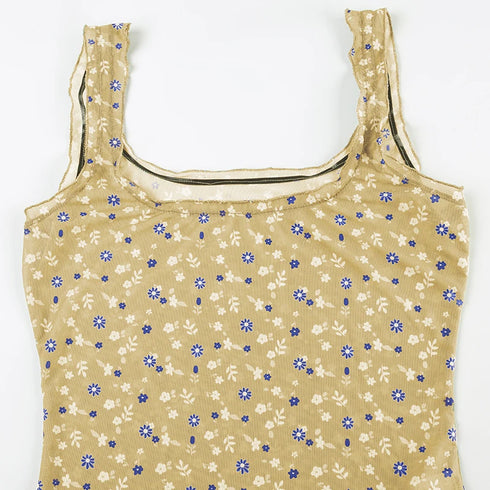 Floral Print Frills Mesh Crop Top Women Sweet Summer Tank Vest Camisole Korean Fashion