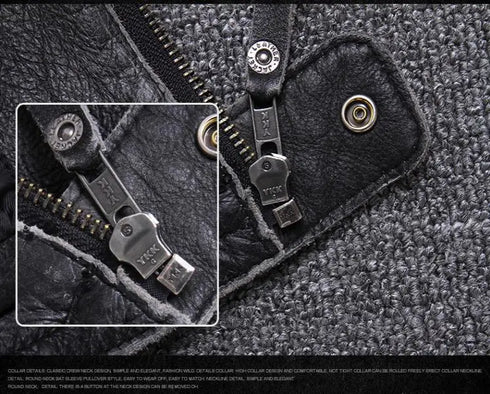 Vintage Genuine Leather Biker Jacket for Men – Slim Fit Cowhide Motorcycle Outerwear with Pockets and Embroidery Details for All Seasons