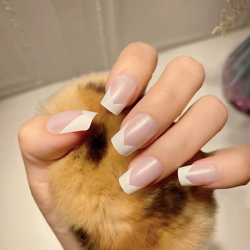 24Pcs Medium Long Halo French Press On Nails Set - Full Coverage Fake Nails for Effortless Nail Art, Removable and Stylish Decorative Tips for Girls and Nail Enthusiasts