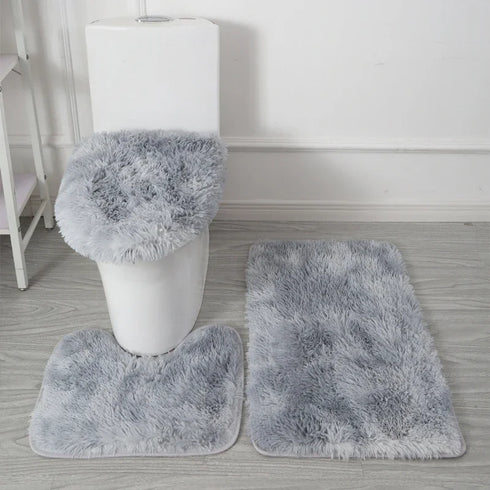 3 Piece Solid Color Bathroom Carpet Set Non-Slip Toilet Lid Cover Rugs Kit