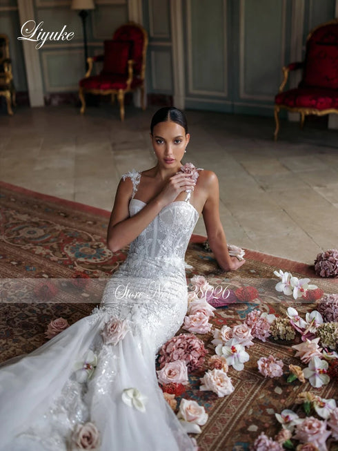 Liyuke Shining Symmetrical Lace Sweetheart Mermaid Wedding Dress