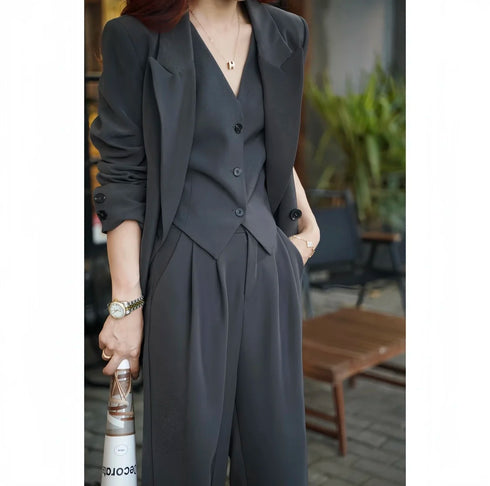 Elegant 3-Piece Korean Business Suit for Women: Stylish Blazer, Sleeveless Vest, and Wide Leg Pants Set for Office and Casual Wear