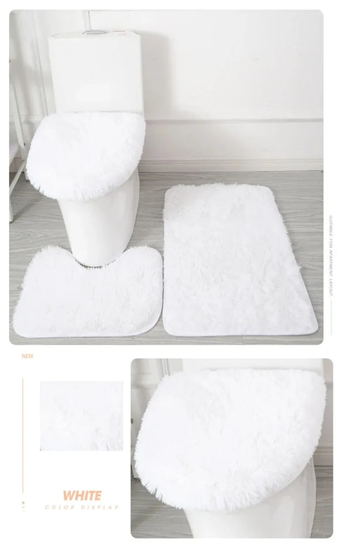 3 Piece Solid Color Bathroom Carpet Set Non-Slip Toilet Lid Cover Rugs Kit