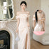 Backless Satin Sleeveless Ankle-Length Evening Dress for Bridesmaid Dress with Built-In Bra and Bow