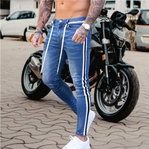Stripes for Jeans Bike Skinny Jeans Men Stretch Denim Trousers