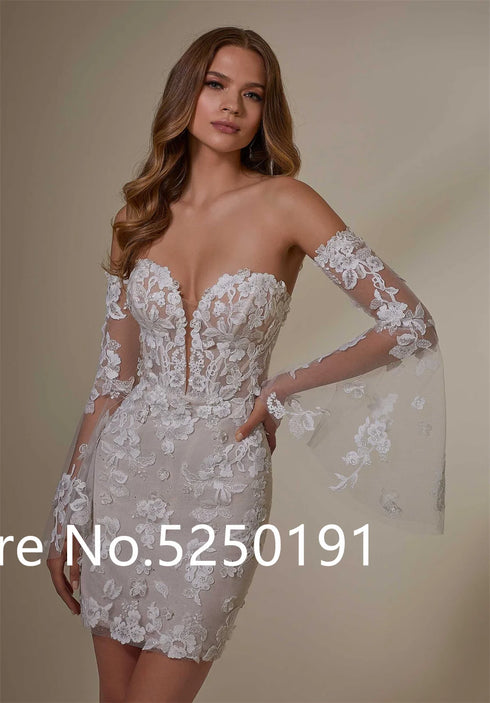 Popular Sweetheart Full Lace Short Sheath Wedding Dresses With Detachable Train 2 In 1 Bridal Gown