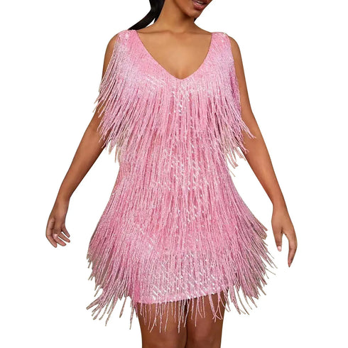 Plus Size Sexy V-Neck Tassel Mini Dress for Women Elegant Sleeveless Evening Party Dress