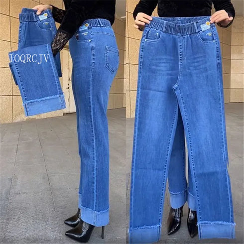 Elastic Waist Jeans For Women High Waist Wide Leg Denim Pants Loose Fit Casual Trousers
