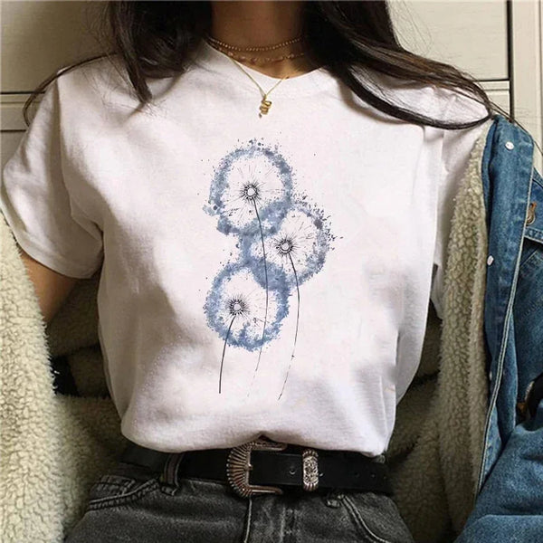 Dandelion Watercolor Graphic Tee Short Sleeve T Shirt for Women Spring Summer Fashion