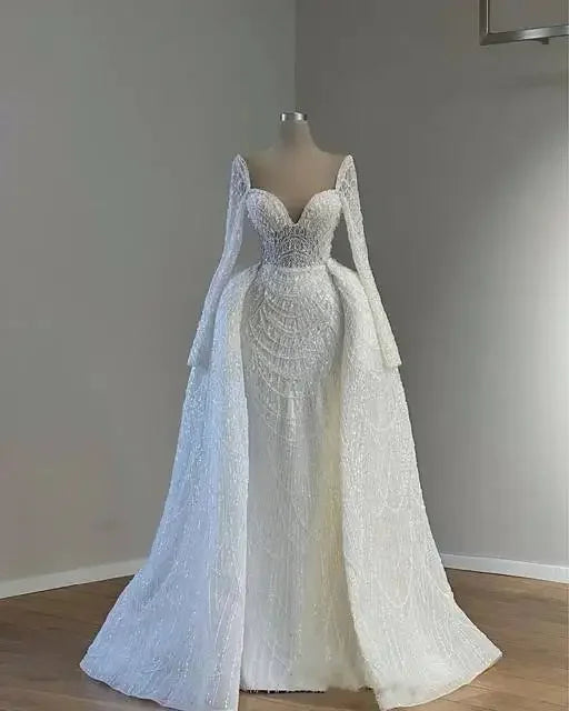 Flavinke White Mermaid Wedding Dresses With Detachable Train Long Sleeves Pearls Wedding Gowns