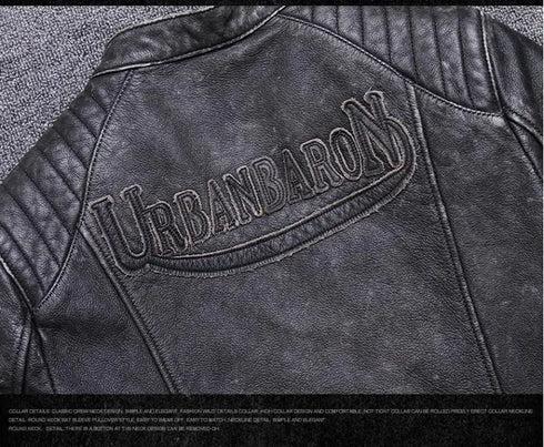 Vintage Genuine Leather Biker Jacket for Men – Slim Fit Cowhide Motorcycle Outerwear with Pockets and Embroidery Details for All Seasons