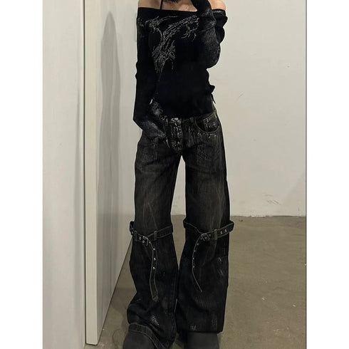 Wide Leg Black Women's Jeans High Waist Streetwear Fashion Pants - Trendy Hip Hop Denim Trouser for Fall Outfits with Jeans and Wide Leg Jeans Outfit Inspo