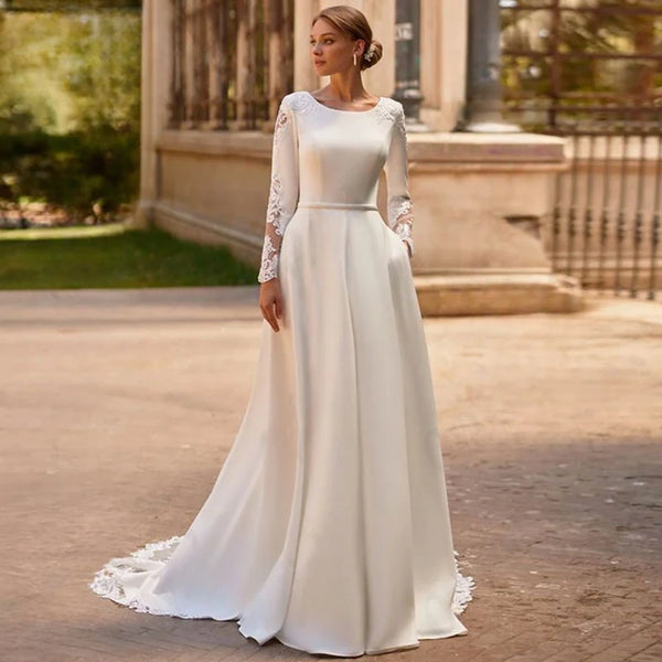 A-Line Satin Dress Modest Silhouette With Lace Appliques Long Sleeves Floor-Length Bridal Gown Wedding Dress