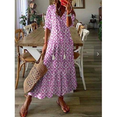 Floral Print Casual Dress for Women V Neck Half Sleeves Bohemian Holiday Beach Style