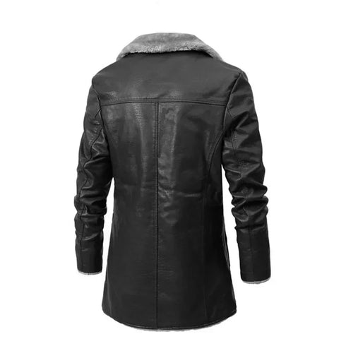 Men's Winter Fashion Long Thick Fleece PU Leather Windbreaker Jacket with Suit Collar, Casual Full-Length Coats for Stylish Men
