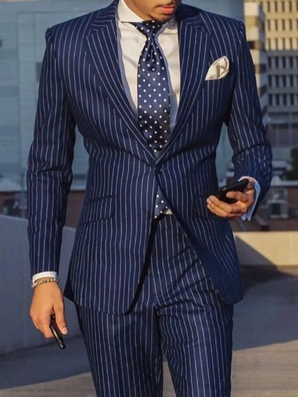 Navy Blue/Black Striped Men Suits Slim Fit Wedding Tuxedos Set