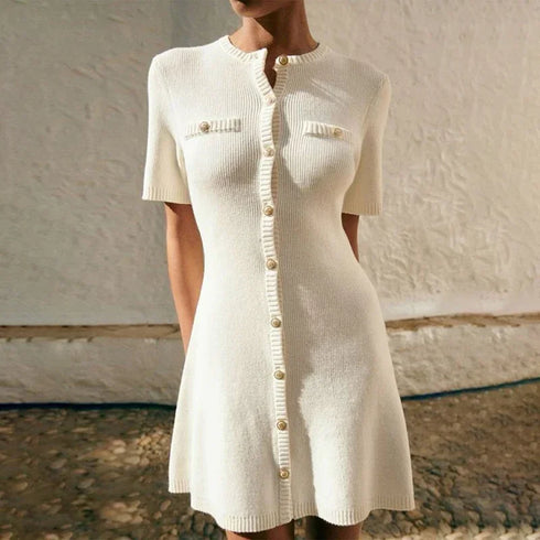 Elegant Knitted Mini Dress for Women Slim Fit Ribbed Knit with Metal Buttons Short Sleeve Holiday Party Dress