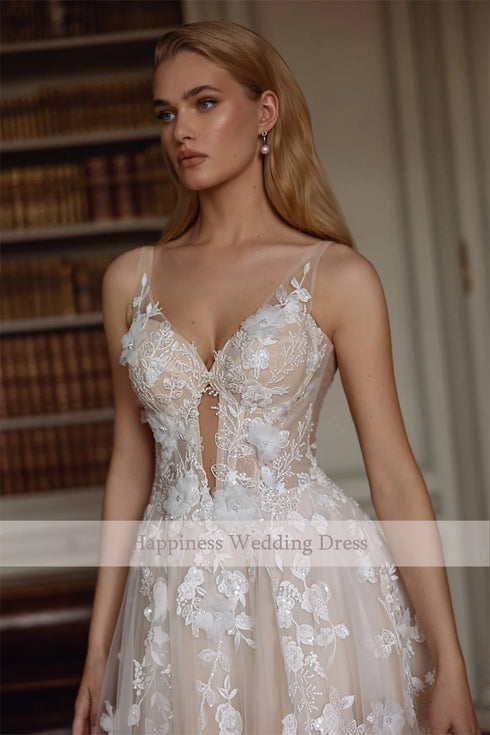 Customized A-Line Deep V-Neck Sleeveless Lace Appliques Tulle Wedding Dress Backless Button Bridal Gown