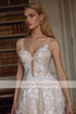 Customized A-Line Deep V-Neck Sleeveless Lace Appliques Tulle Wedding Dress Backless Button Bridal Gown