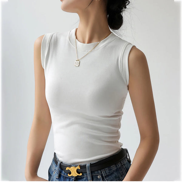 Women's Casual Cotton Sleeveless Camisole Vest with Round Neck, Side Cleavage Coverage, and Comfortable Stretch for Spring/Summer Fashion