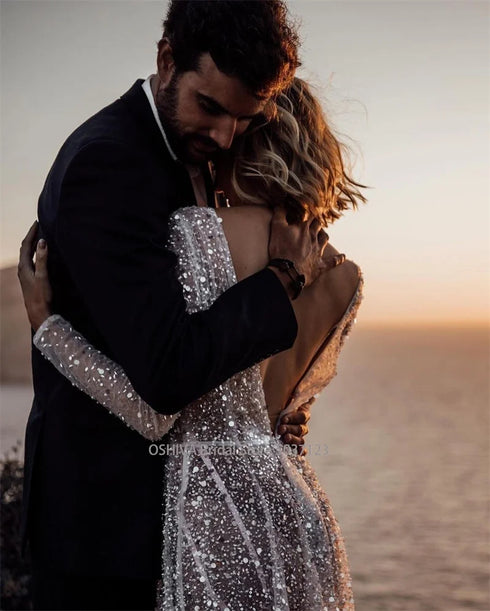 Mordern V- Neck Sequins Wedding Dresses Long Sleeves Gowns