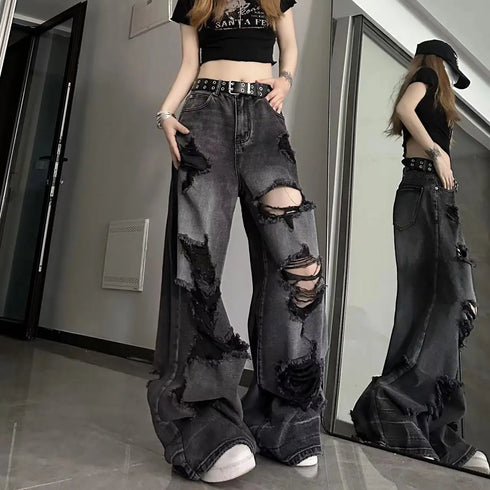 Vintage Wide Leg Ripped Denim Jeans for Women - Y2K Style Loose Fit Straight Pants Perfect for Fall Outfits and Streetwear Inspiration