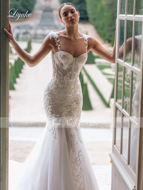 Liyuke Shining Symmetrical Lace Sweetheart Mermaid Wedding Dress