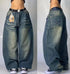 American Hip Hop Retro Gothic Print Jeans Women Street Fashion Loose Wide Leg Pants Unisex Joker Jeans